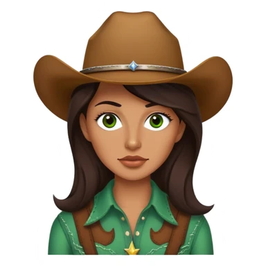 Me with long dark brown hair green eyes and thin top lip and big bottom lip and a mole on my left side of my chin very thin eyebrows with a scar on the right eyebrow and a cow girl sticker