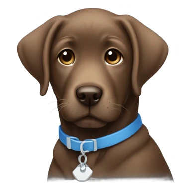 Brown lab puppy with small white patch on chest and subtle blue collar sticker