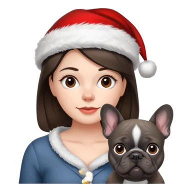 brunette woman with a dark grey French bulldog both wearing Santa sticker