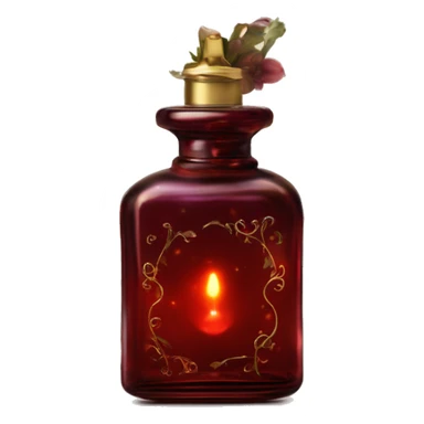 Dark red magic fairy light sparkling old Antique oil perfume bottle with herbal and flowers sticker