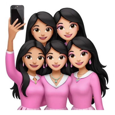 3 besties with professional glammed up looks wearing pink and white, medium skin tone smiling big with black long hair. Very girly wearing jewelry, taking a selfie  sticker