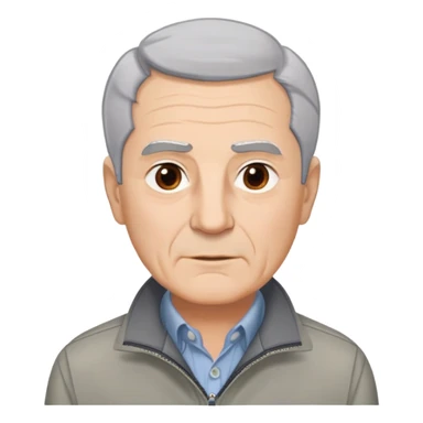 Distinguished older man in his 60s, light complexion, round face with broad jaw, vivacious brown eyes, thick eyebrows giving intensity to expression, short gray-white hair combed slightly back with visible receding hairline, clean-shaven, wearing gray casual jacket over button-up shirt sticker