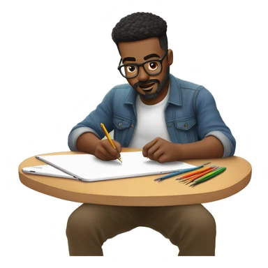 👨‍🎨📱✍️ A creative man is focused, drawing on an iPad with a stylus. , using the iPad placed on a table. with art tools like brushes and pencils around him. 🎨 sticker