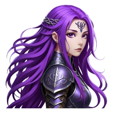 A mysterious warrior girl with long, flowing purple hair cascading down her back, strands catching the dim light like silk. Her piercing violet eyes glow. She wears sleek black armor, a perfect fusion of elegance and lethality, adorned with intricate silver engravings resembling ancient runes.  sticker