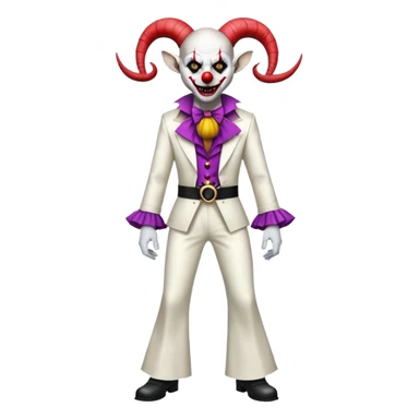 full-body demonic clown in a white leisure suit with bellbottom pants, bald, with black ram horns, flashy belt, ruffled shirt, no neck tie, large fangs in mouth sticker