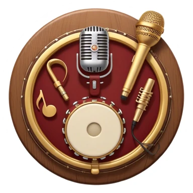 Create a warm and authentic humanless emoji representing folk singing. The design should feature a traditional folk microphone at the center, surrounded by classic instruments such as a bayan (button accordion), gusli (a traditional Russian zither), and a tambourine. Arrange these instruments in a harmonious, circular pattern to evoke a sense of folk music and community performance. Use natural, earthy colors like wood brown, deep red, and golden accents to reflect the rustic and heartfelt spirit of folk music. Add subtle musical notes to the background to convey the rhythm and harmony of the performance. The background should be transparent. sticker