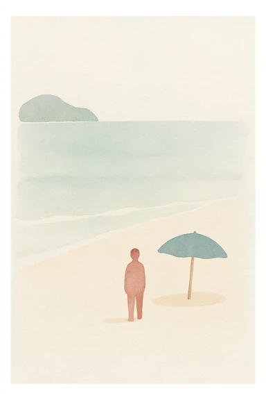 beach, watercolor painting style, soft tones, warm atmosphere sticker