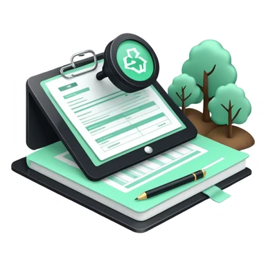Environnement (Environment), 3D technical icon with black and mint green (#B5F4D3), environmental impact assessment document with regulatory compliance indicators and sustainability metrics sticker