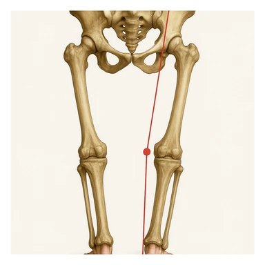 Hyperrealistic anatomical illustration 4K, rear view, 1:1 proportion, varus knee seen from behind, pelvis bones, femur, tibia, and fibula clearly highlighted, red mechanical axis line, realistic details, medical style, neutral background. sticker