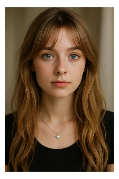 portrait of a girl, blue eyes, dirty blonde long hair with curtain bangs, small silver star necklace, soft lighting sticker