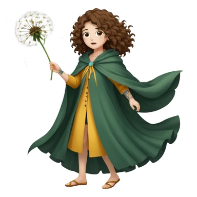 full body woman long curly brown hair brown eyes white skin tattoos dandelion seed cloak blowing apart around her sticker
