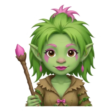 A green troll with green hair and brown and tan raggedy clothes on holding a brown stick with pink lipstick, long eyelashes and pink nails sticker