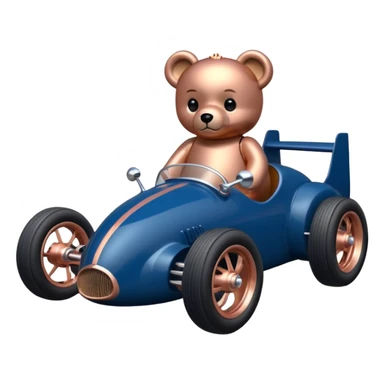 dark blue and rosegold-accented  retro racing car driven by a small evil scary teddy bear with rear spoiler and wheely bar sticker