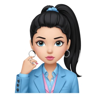 generate a pretty bratz girl with black hair tied up in a single ponytail. wearing a light blue full sleeve shirt and a black blazer over it. silver small hoops, pink lipgloss.  sticker