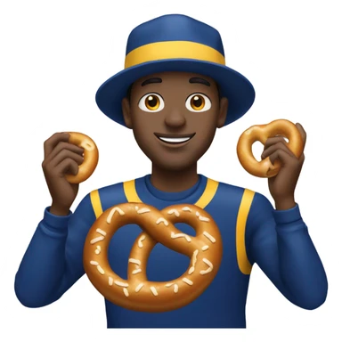 wearing a la rams hat, holding a pretzel sticker