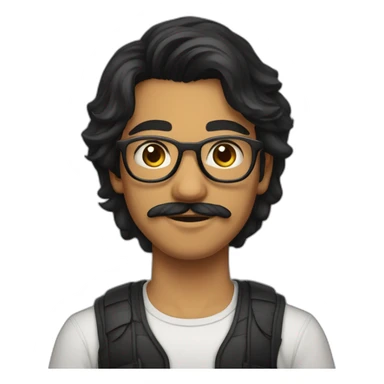 Indian teenager, with moustache and a goatee, with long wavy black hair,jawline, wearing glasses sticker