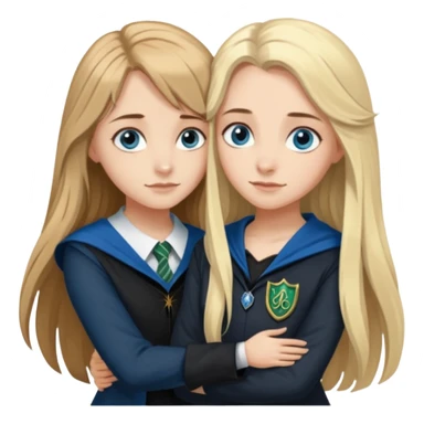 a pretty ravenclaw girl with long brown hair and blue eyes standing with a hot Slytherin girl with long blonde hair, blue eyes sticker