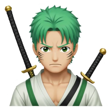 Roronoa Zoro with green hair, three swords, white shirt, green haramaki sticker