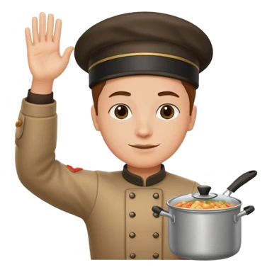 one hand needs to be saluting so right arm saluting , left arm holding cooking item sticker
