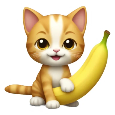 A small very cute kitten with ginger fur holding a huge banana. sticker