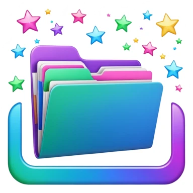 small cute folder icon emoji style, slightly open at the top, several colorful divider tabs peeking out (blue, green, pink, purple), white label area on the front with the word 'Titles', sparkles around the folder sticker