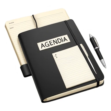A classic black Moleskine notebook open to show a page with 'AGENDA' written at the top and meeting items listed below with bullet points sticker