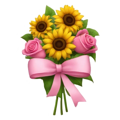 sunflower bouquet with roses and a pink bow sticker