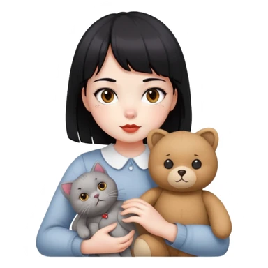 girl,drak eyes, red cheeks, black hair with a bang, white face, holding a British gray cat and a brown teddy bear sticker