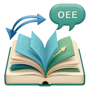 Create an emoji representing language translation. The design should feature an open book or a document with text in multiple languages (e.g., English, Spanish, Chinese), and a translation icon (such as an arrow between two languages) to symbolize the process of converting text. Include elements like a globe or a speech bubble to represent global communication. Use clear, simple lines and a color palette with blues, greens, and subtle neutral tones to convey the idea of clarity and understanding. Make the background transparent. sticker