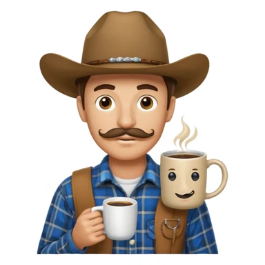 generate an ios genmoji of a 20 year old tan boy with a cowboy hat and horseshoe mustche. Wearing a flannel and carrying a coffee mug sticker