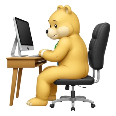 Yellow Care bear sad in suit back view, sit on a chair, working on a computer, with a big desk sticker