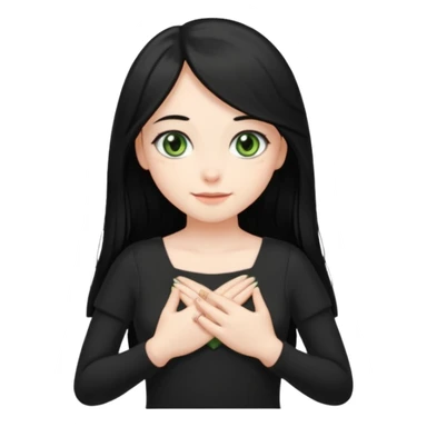 Pale girl with long black hair and olive green eyes soft smile wearing black dress and holding hands over her chest sticker