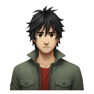 A man with messy black hair, long bangs covering his red right eye, and a gray-green left eye. His neutral expression, with a slight frown, gives off a serious, mysterious vibe. Full-body anime style, 8k realism LOVE hes white btw sticker