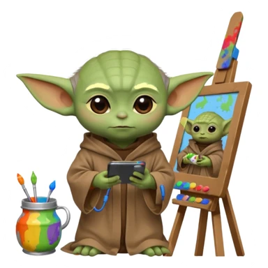 Baby Yoda in his brown robe listening music on his headphones, painting a picture on an easel and surrounded by paint pots. sticker
