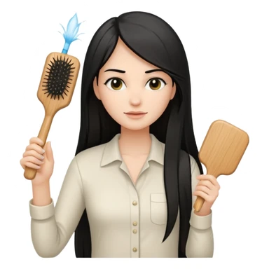 A white woman with long, straight black hair, wearing an ivory-colored shirt, holding a small square wooden paddle hairbrush in her left hand and spraying a hair mist bottle with her right hand toward her hair. sticker