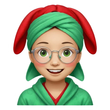Asian woman wearing a green towel in her head with a broken glasses on her face in red pajamas her smile with rabbit front teeth and the cloth should be red sticker