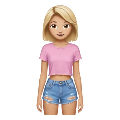 preppy teen girl, tan, blonde highlights, brown hair, long eyelashes, beach aesthetic, wearing cute clothes, sexy, wearing ripped blue baggy jeans with a light pink crop top, a little revealing  sticker