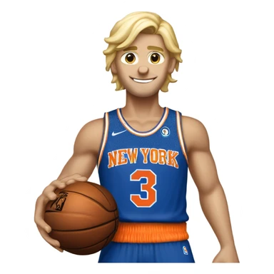 Blond guy of medium build dunking a basketball with New York Knicks colours and a number 3 jersey, surname bell sticker