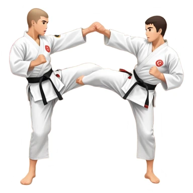 Two karate fighters in traditional gi sparring. One executes a high kick aimed at the opponent’s head, while the other blocks with a strong hand defense. The background features a classic dojo with wooden flooring and banners. Dynamic motion and focused expressions. Transparent background. sticker