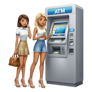 girl wearing clear platform heels, girl waiting beside one atm, with a man taking money out  sticker