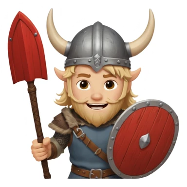A young Viking warrior with messy blond hair, wooden shield, and fierce excited grin with horned helmet sticker