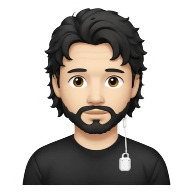 light skin man with black wavy hair and a mullet, faded beard, wearing a black t-shirt and AirPods sticker