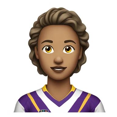 a woman soccer player in white jersey with purple pinstripes and yellow collar sticker