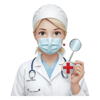 A minimalistic bust of a dentist wearing a white medical coat over a light blue scrub top. A simple white surgical mask covers the lower half of the face, leaving expressive yet simplified eyes visible. A small red cross emblem is subtly placed on the coat. The dentist holds a tiny, minimalistic dental mirror or tool in one hand. Behind the figure, a subtle abstract symbol, like a tooth icon or a heartbeat line, reinforces the dental theme. The design is sleek and modern, with smooth lines and soft shading, following a minimalist emoji style. sticker