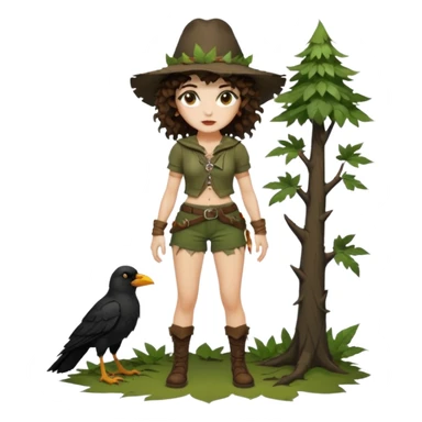 full body woman short curly brown mullet hair brown eyes white skin sexy forest rogue with torn leaf shorts and crow hat sticker