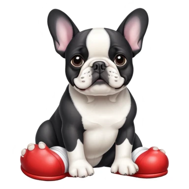Black and white French bulldog wearing crocs shoes on his paws sticker