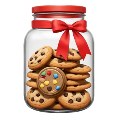 A chewy chocolate chip cozy cookie in an organized jar, saying "Cookie Jar" with some small illustrations on the jar to indicate there are cookies stored inside, a big red ribbon on the lid sticker