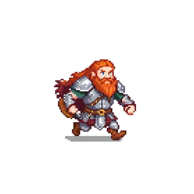 pixel art ginger viking with red beard and armor, running animation frame 2, mid-stride sticker