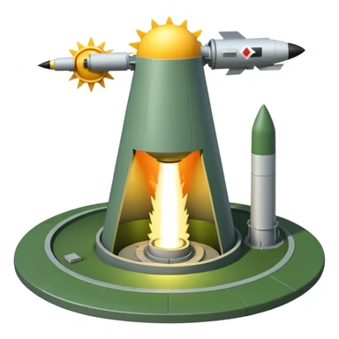 green landscape with sun in top of the background, there is a greynmissile silo hatch open, and the top two thirds of a white nuclear missile launching out of the silo is shown sticker