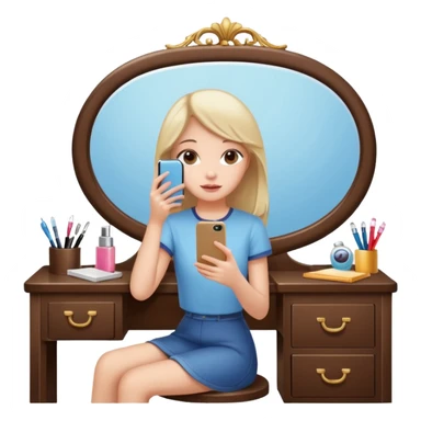 Girl sitting at vanity taking out picture with iphone 15 plus in the mirror and study materials on the vanity sticker